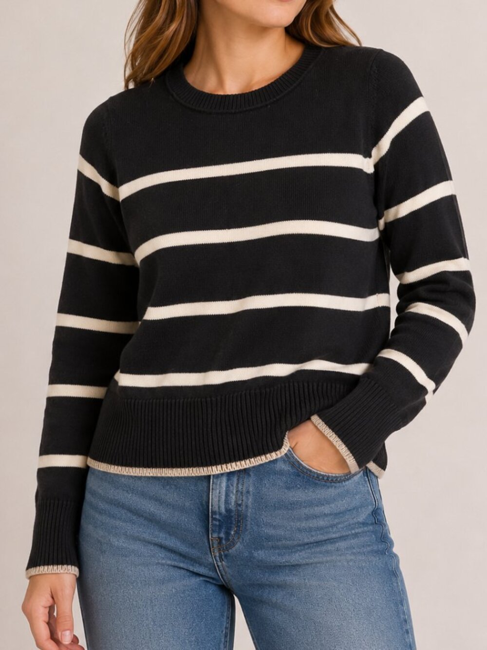 Bootlegger Black White Striped Cotton Knit Crewneck Sweater Women's Medium M